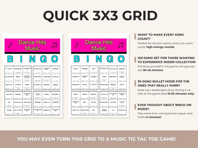 May include: A game board with the text "Dance Hits Music Bingo" in a pink and blue design. The board includes a 3x3 grid with song titles. Additional text describes game features and options.