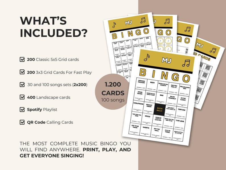 May include: A set of MJ music bingo cards featuring a gold and black header with musical note icons. The cards include 5x5 grids with song titles like Moon Walk, Bad, and Thriller. Text lists 200 classic cards, 200 fast play cards, 400 landscape cards, and QR code calling cards.