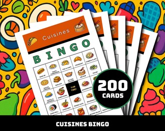 World Kitchens Bingo Spiel - 200 druckbare Karten mit 40 Global Food Moments | Food-Lernen für Klassenzimmer, Homeschool, kultureller Familienspaß