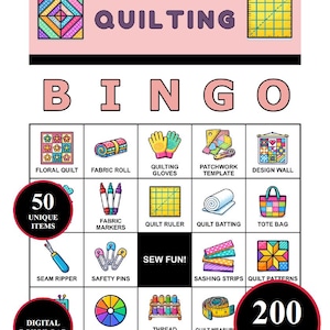 May include: A colorful quilting bingo card with the word "QUILTING" at the top. The card features images of quilting tools and supplies, including fabric, rulers, and thread. The card has "50 UNIQUE ITEMS" and "200 CARDS" displayed.