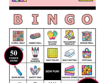 Gra Quilting Bingo – 200 kart do wydrukowania z 50 kultowymi momentami | Gra imprezowa Stitch Party dla gildii quilterów, wieczorów rękodzielniczych i kółek krawieckich
