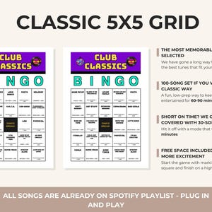 May include: Two printable bingo cards titled CLUB CLASSICS BINGO with a 5x5 grid, purple headers, and black text. The cards feature song titles and a central DANCE BREAK square. Text on the right details a 100-song set and a 30-song set option.