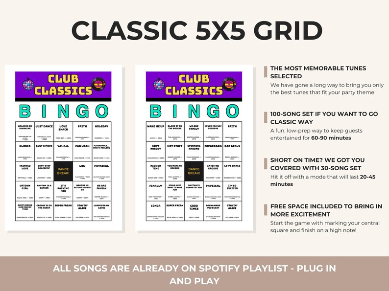 May include: Two printable bingo cards titled CLUB CLASSICS BINGO with a 5x5 grid, purple headers, and black text. The cards feature song titles and a central DANCE BREAK square. Text on the right details a 100-song set and a 30-song set option.