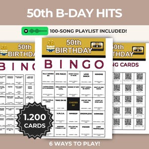 Può includere: Un set di cartelle per il bingo del 50° compleanno con un design oro e bianco, con grafiche di torte e cassette. Le cartelle includono titoli di canzoni, nomi di artisti, anni e codici QR. Un badge nero a stella riporta 1.200 CARDS.