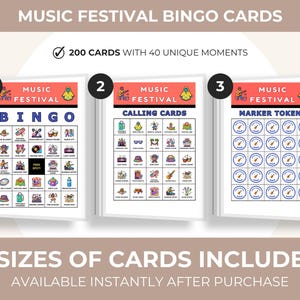 Peut inclure: Trois mod&egrave;les de cartes de bingo pour festival de musique. La premi&egrave;re carte est intitul&eacute;e "BINGO" avec diverses ic&ocirc;nes sur le th&egrave;me de la musique. La deuxi&egrave;me carte est intitul&eacute;e "CALLING CARDS". La troisi&egrave;me carte est intitul&eacute;e "MARKER TOKENS". Le texte indique "200 CARTES AVEC 40 MOMENTS UNIQUES".