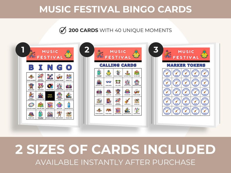 Peut inclure: Trois mod&egrave;les de cartes de bingo pour festival de musique. La premi&egrave;re carte est intitul&eacute;e "BINGO" avec diverses ic&ocirc;nes sur le th&egrave;me de la musique. La deuxi&egrave;me carte est intitul&eacute;e "CALLING CARDS". La troisi&egrave;me carte est intitul&eacute;e "MARKER TOKENS". Le texte indique "200 CARTES AVEC 40 MOMENTS UNIQUES".