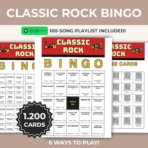 Op de afbeelding: Classic Rock Bingo spelset met drie witte kaarten met zwarte rasters, gouden BINGO-letters en rode koppen met gitaar- en plateniconen. Inclusief een afspeellijst van 100 nummers, 1.200 kaarten en 6 manieren om te spelen met titels en artiesten.