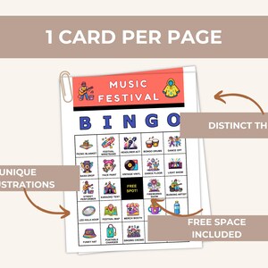 Peut inclure: Carte de Bingo sur le th&egrave;me du festival de musique, avec des illustrations uniques et un th&egrave;me distinct. La carte comprend un espace libre et est con&ccedil;ue avec une esth&eacute;tique color&eacute;e et ludique. Le texte "1 CARD PER PAGE" est en haut.