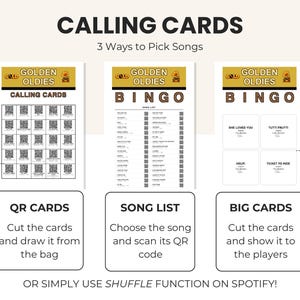 May include: A Golden Oldies Bingo game set featuring three distinct instructional sheets. The first sheet displays a grid of QR codes, the second lists songs with corresponding QR codes, and the third shows large cards with song titles and artist names.