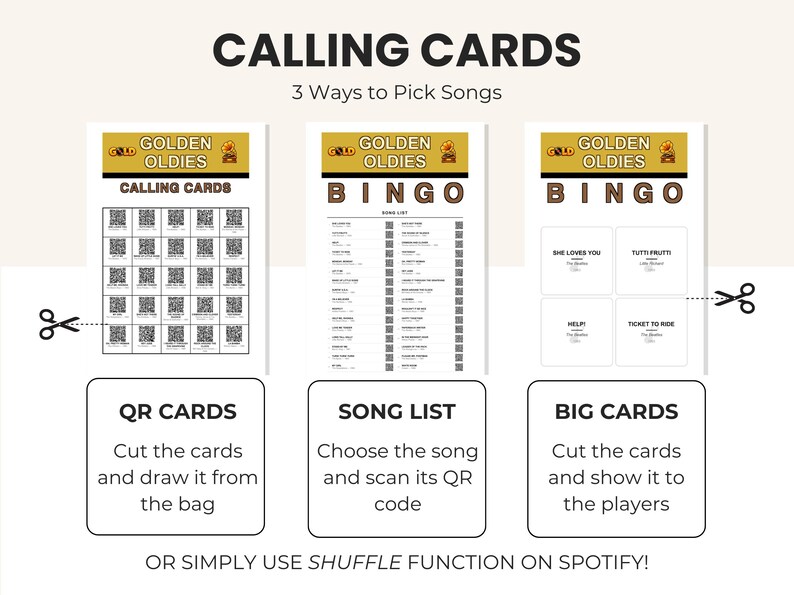 May include: A Golden Oldies Bingo game set featuring three distinct instructional sheets. The first sheet displays a grid of QR codes, the second lists songs with corresponding QR codes, and the third shows large cards with song titles and artist names.