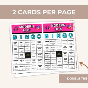 May include: Two printable bingo cards on a single sheet titled Modern Hits Bingo. Each card features a pink header with headphone and heart icons, a blue BINGO grid, and a central black square labeled Top Track. The grid contains song titles.