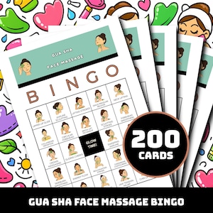 May include: A set of Gua Sha face massage bingo cards featuring a grid with illustrations of facial massage techniques and the text Gua Sha Face Massage and Glow Time. A circular badge on the right side displays the text 200 Cards.