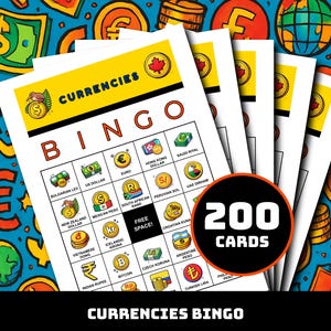 Peut inclure: Plusieurs cartes de bingo sur le thème des devises, avec un fond bleu orné de symboles monétaires. Les cartes comportent un en-tête jaune avec le mot "CURRENCIES" et le mot "BINGO". L'image comprend un cercle indiquant "200 CARTES".