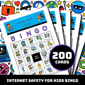 Puede incluir: Un conjunto de tarjetas de bingo sobre seguridad en Internet para niños con un encabezado azul que dice "INTERNET SAFETY FOR KIDS" y una cuadrícula de iconos sobre seguridad digital. Una insignia circular muestra "200 CARDS".