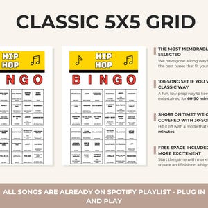May include: Two Hip Hop Bingo game cards featuring a 5x5 grid, yellow headers with musical note icons, and red BINGO lettering. Text on the right details game options, including a 100-song set and a 30-song set, noting Spotify playlist integration.