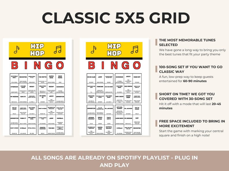 May include: Two Hip Hop Bingo game cards featuring a 5x5 grid, yellow headers with musical note icons, and red BINGO lettering. Text on the right details game options, including a 100-song set and a 30-song set, noting Spotify playlist integration.