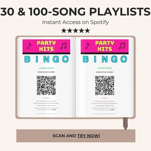 Puede incluir: Un libro abierto que muestra dos p&aacute;ginas id&eacute;nticas para un juego de bingo Party Hits. Cada p&aacute;gina presenta un encabezado rosa con el texto PARTY HITS, un t&iacute;tulo BINGO azul, un c&oacute;digo QR de Spotify e instrucciones para escanear y reproducir.