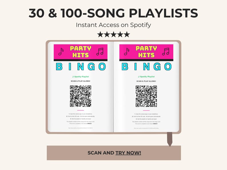 Puede incluir: Un libro abierto que muestra dos p&aacute;ginas id&eacute;nticas para un juego de bingo Party Hits. Cada p&aacute;gina presenta un encabezado rosa con el texto PARTY HITS, un t&iacute;tulo BINGO azul, un c&oacute;digo QR de Spotify e instrucciones para escanear y reproducir.