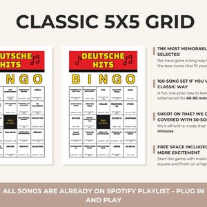 May include: Two bingo cards with the text "DEUTSCHE HITS BINGO" in red and yellow. The cards are part of a "CLASSIC 5X5 GRID" game. Additional text describes the game's features, including a 100-song set and a 30-song set.