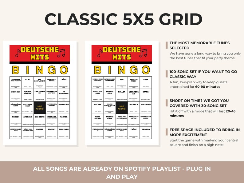 May include: Two bingo cards with the text "DEUTSCHE HITS BINGO" in red and yellow. The cards are part of a "CLASSIC 5X5 GRID" game. Additional text describes the game's features, including a 100-song set and a 30-song set.