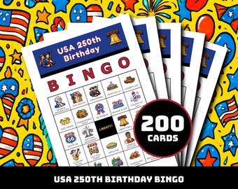 USA 250th Birthday Bingo Spiel - 200 druckbare Karten mit 40 Vaterländischen Motiven | Geschichte lernen für Klasse, Familienspaß, 4. Juli Amerika 250