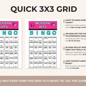 May include: Two white bingo game cards titled MODERN HITS BINGO with pink headers, headphone and heart icons, and a 3x3 grid of song titles. Text on the right explains game modes for short events, 100-song sets, and 30-song bullet mode for quick play.