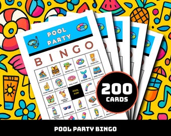 Gra w bingo na imprezie przy basenie – 200 kart do wydrukowania z 40 pluskającymi momentami | Letnia gra imprezowa na dni przy basenie, grille na podwórku i wodne zabawy dla dzieci