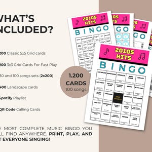 Puede incluir: Un juego de bingo musical 2010s Hits que incluye varias tarjetas impresas con un encabezado rosa, iconos de notas musicales y una cuadr&iacute;cula de 5x5. El texto incluye 'WHAT'S INCLUDED?', '200 Classic 5x5 Grid cards' y '1.200 CARDS'.