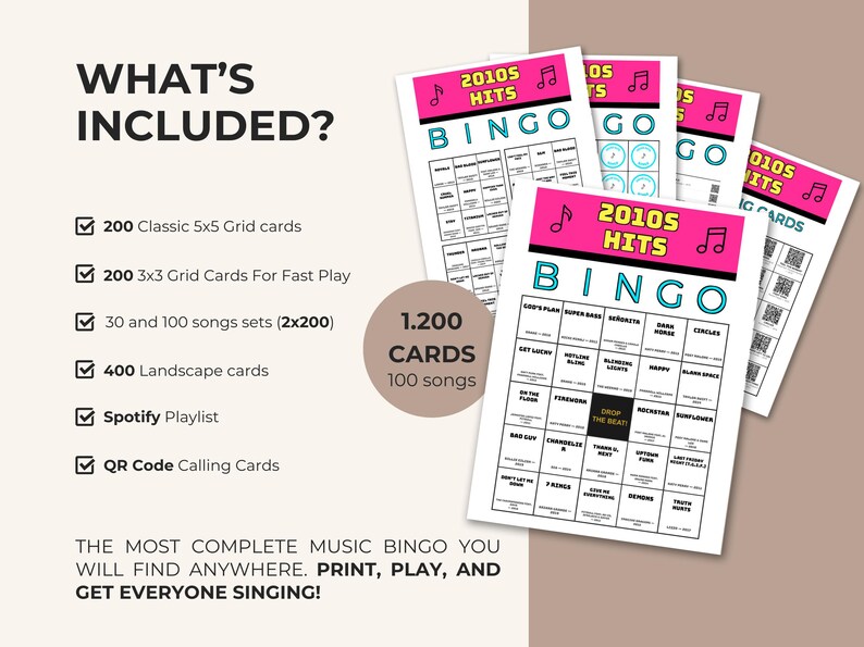 Puede incluir: Un juego de bingo musical 2010s Hits que incluye varias tarjetas impresas con un encabezado rosa, iconos de notas musicales y una cuadr&iacute;cula de 5x5. El texto incluye 'WHAT'S INCLUDED?', '200 Classic 5x5 Grid cards' y '1.200 CARDS'.