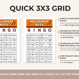 May include: Two Hollandse Hits Bingo game cards featuring a 3x3 grid layout with orange headers, black text, and musical note icons. The cards include song titles and artist names. Accompanying text explains game modes and variations.