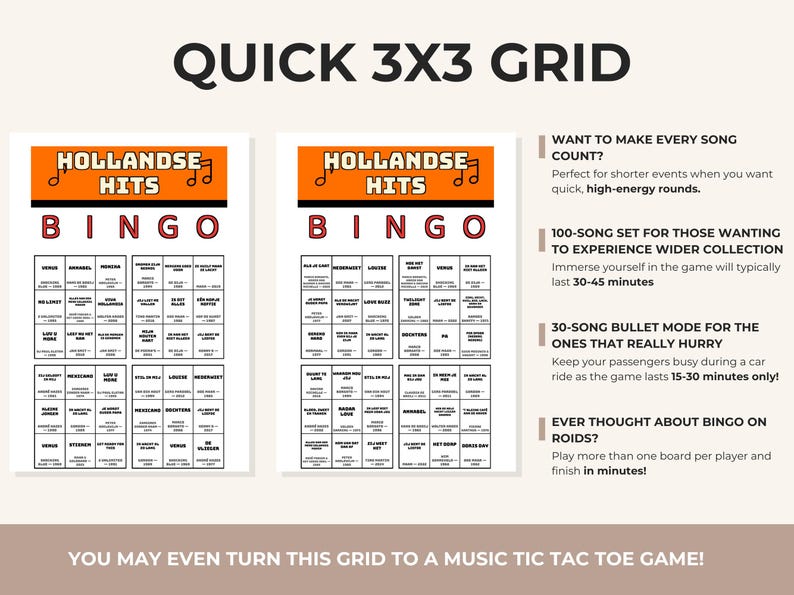 May include: Two Hollandse Hits Bingo game cards featuring a 3x3 grid layout with orange headers, black text, and musical note icons. The cards include song titles and artist names. Accompanying text explains game modes and variations.