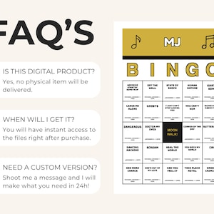 May include: A digital bingo game card featuring a gold header with musical notes and the text MJ. The grid contains song titles like Wanna Be Startin' Somethin', Earth Song, and Moon Walk. The left side displays FAQ text regarding digital delivery.