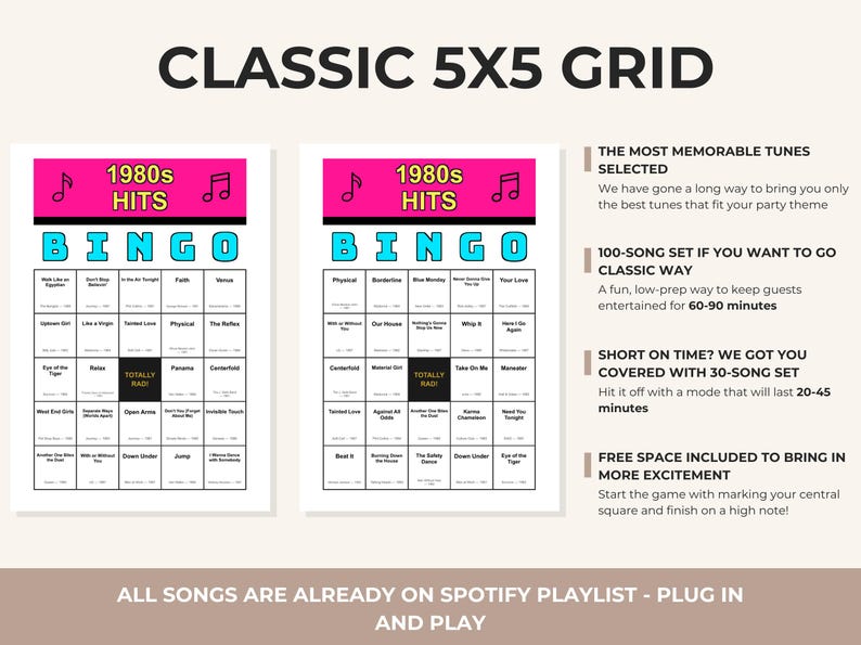 May include: Two bingo cards with a pink and black header that reads "1980s HITS" and the word "BINGO" in blue. The cards have a 5x5 grid with song titles. Text on the right side describes the game and playlist.