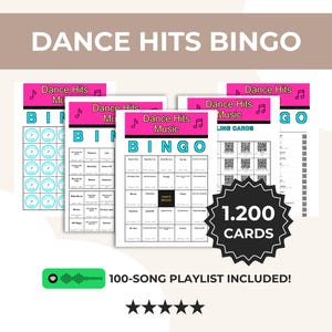 May include: A collection of Dance Hits Bingo cards with a pink and teal color scheme. The cards feature the text "Dance Hits Music Bingo" and include a 100-song playlist. The image also displays "1.200 CARDS".