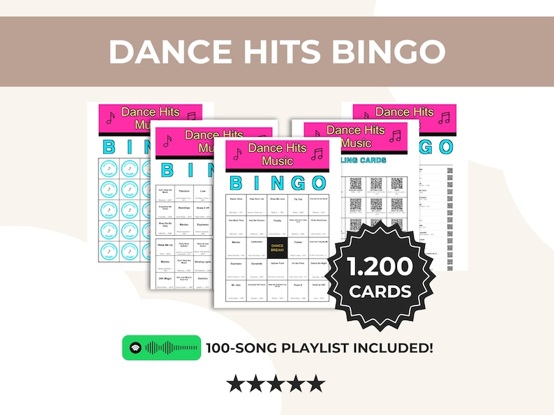 May include: A collection of Dance Hits Bingo cards with a pink and teal color scheme. The cards feature the text "Dance Hits Music Bingo" and include a 100-song playlist. The image also displays "1.200 CARDS".