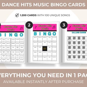 May include: Three Dance Hits Music Bingo card sets. The top banner reads "DANCE HITS MUSIC BINGO CARDS". The first two cards are Bingo cards, and the third is a set of calling cards. The text "1.200 CARDS WITH 100 UNIQUE SONGS" is also visible.