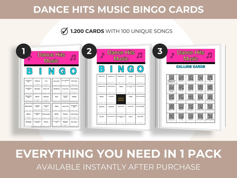 May include: Three Dance Hits Music Bingo card sets. The top banner reads "DANCE HITS MUSIC BINGO CARDS". The first two cards are Bingo cards, and the third is a set of calling cards. The text "1.200 CARDS WITH 100 UNIQUE SONGS" is also visible.