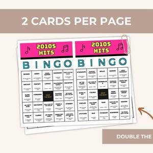 Puede incluir: Dos cartones de bingo imprimibles con &eacute;xitos de la d&eacute;cada de 2010, un encabezado rosa con el texto 2010S HITS e iconos de notas musicales. Cada cuadr&iacute;cula contiene t&iacute;tulos de canciones y nombres de artistas con un cuadrado central negro.