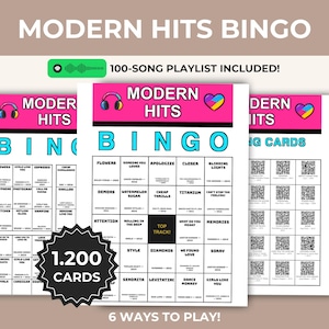 May include: Modern Hits Bingo game set featuring 1,200 cards and a 100-song playlist. The cards have a pink header with headphones and heart icons, a white grid with song titles, artist names, and years, plus a black starburst label for 1,200 cards.