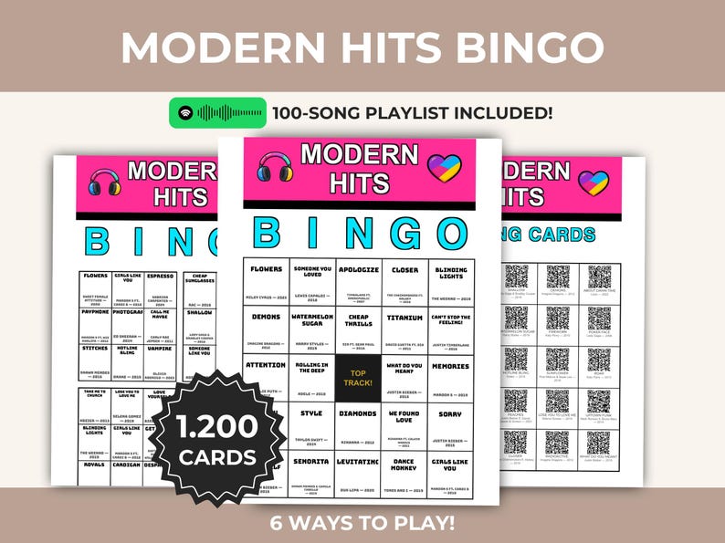 May include: Modern Hits Bingo game set featuring 1,200 cards and a 100-song playlist. The cards have a pink header with headphones and heart icons, a white grid with song titles, artist names, and years, plus a black starburst label for 1,200 cards.
