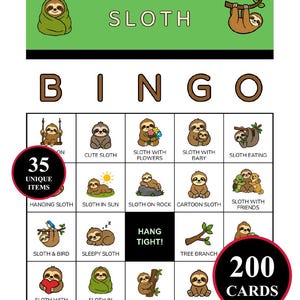 Op de afbeelding: Een Sloth Bingo-spelkaart met een groene koptekst met de tekst SLOTH en illustraties van luiaards. Het raster bevat diverse cartoon-luiaardafbeeldingen met labels zoals CUTE SLOTH, SLOTH WITH FLOWERS en HANG TIGHT. Twee ronde badges vermelden 35 UNIQUE ITEMS en 200 CARDS.