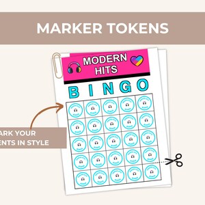 May include: A sheet of printable bingo marker tokens featuring a pink header with the text MODERN HITS, a headphone icon, and a heart icon. The grid contains twenty-five circular tokens with light blue borders, each displaying the text MODERN HITS.