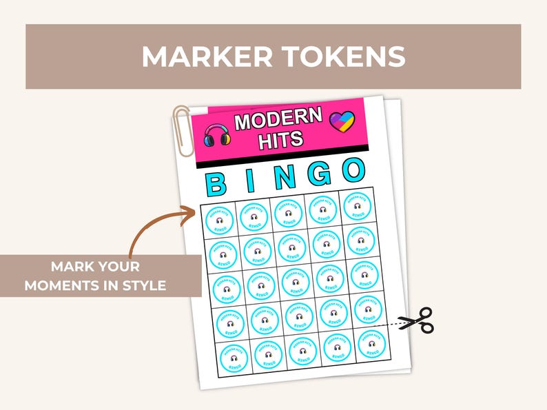 May include: A sheet of printable bingo marker tokens featuring a pink header with the text MODERN HITS, a headphone icon, and a heart icon. The grid contains twenty-five circular tokens with light blue borders, each displaying the text MODERN HITS.