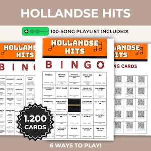 May include: A set of Hollandse Hits bingo cards featuring an orange header with musical notes, the text HOLLANDSE HITS, and a BINGO grid. A black starburst badge displays 1.200 CARDS, and a green icon indicates a 100-SONG PLAYLIST INCLUDED. The text 6 WAYS TO PLAY appears at the bottom.