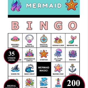 Mermaid Bingo Spiel - 200 Printable Karten mit 35 Iconic Moments | Unterwasser-Party-Spiel für Birthday Splash, Themenhandwerk, Meeresabenteuer