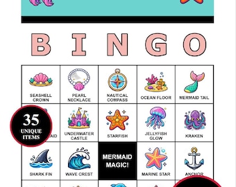 Bingospel zeemeermin: 200 afdrukbare kaarten met 35 iconische momenten | Undersea Party Game voor verjaardagsplash, themaknutsels, oceaanavonturen
