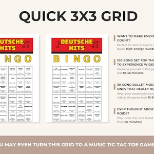 May include: A game board with the text "QUICK 3X3 GRID" at the top. Two "DEUTSCHE HITS BINGO" cards are displayed. Text on the right describes game modes and features. The bottom text says, "YOU MAY EVEN TURN THIS GRID TO A MUSIC TIC TAC TOE GAME!"