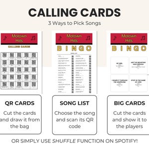 May include: A graphic featuring "CALLING CARDS" with three methods to pick songs. The design includes "Motown Hits" bingo cards, QR cards, a song list, and big cards. Instructions are provided for each method, with a Spotify shuffle option.
