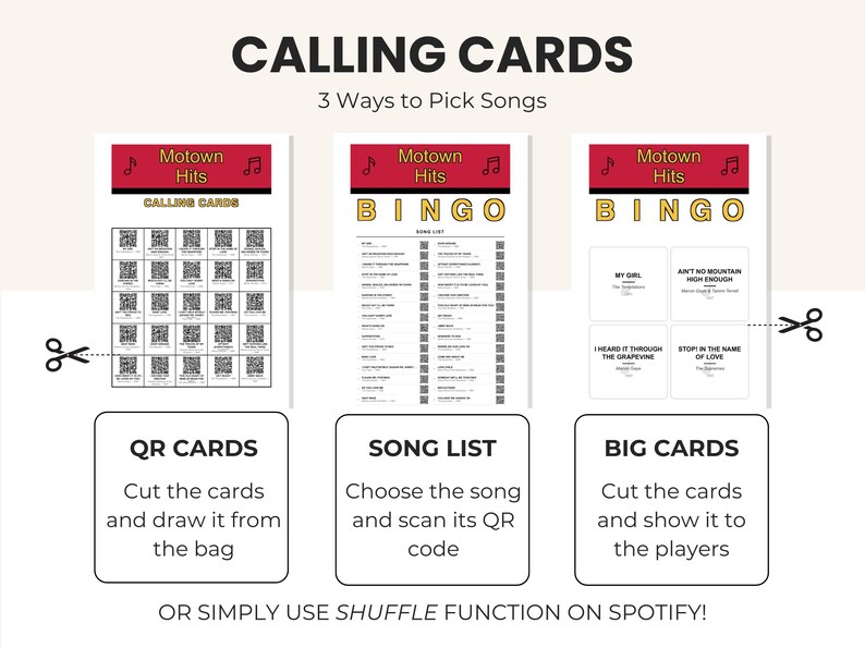 May include: A graphic featuring "CALLING CARDS" with three methods to pick songs. The design includes "Motown Hits" bingo cards, QR cards, a song list, and big cards. Instructions are provided for each method, with a Spotify shuffle option.