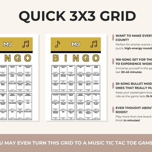 May include: Two white bingo game cards with a gold header featuring the text MJ and musical notes. Each card contains a 3x3 grid of song titles. The right side includes text describing game modes like Quick 3x3 Grid and 100-song set options.